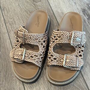 Woven Tan Sandals with Buckle Detail